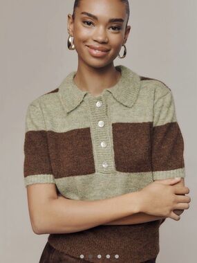 Anthropologie Lisa Says Gah Sage and Brown Striped Short-Sleeve Polo Sweater